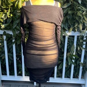 Fashion Nova; Black Sheer; Long Sleeve; Ruched; Body-Con; Nude Illusion Dress; M